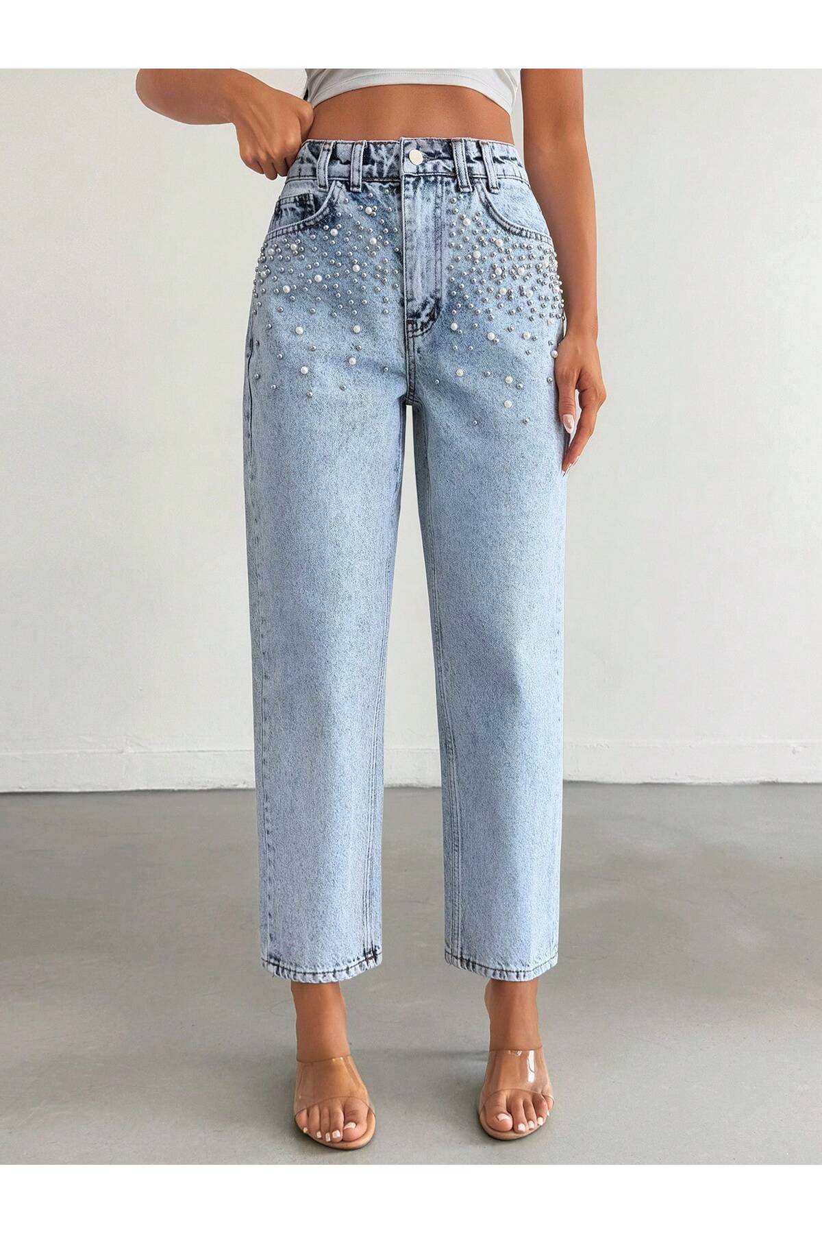 REDZARRAM  Cep Taşlı Açık Mavi Kadın Kot Giyim - Görsel 6