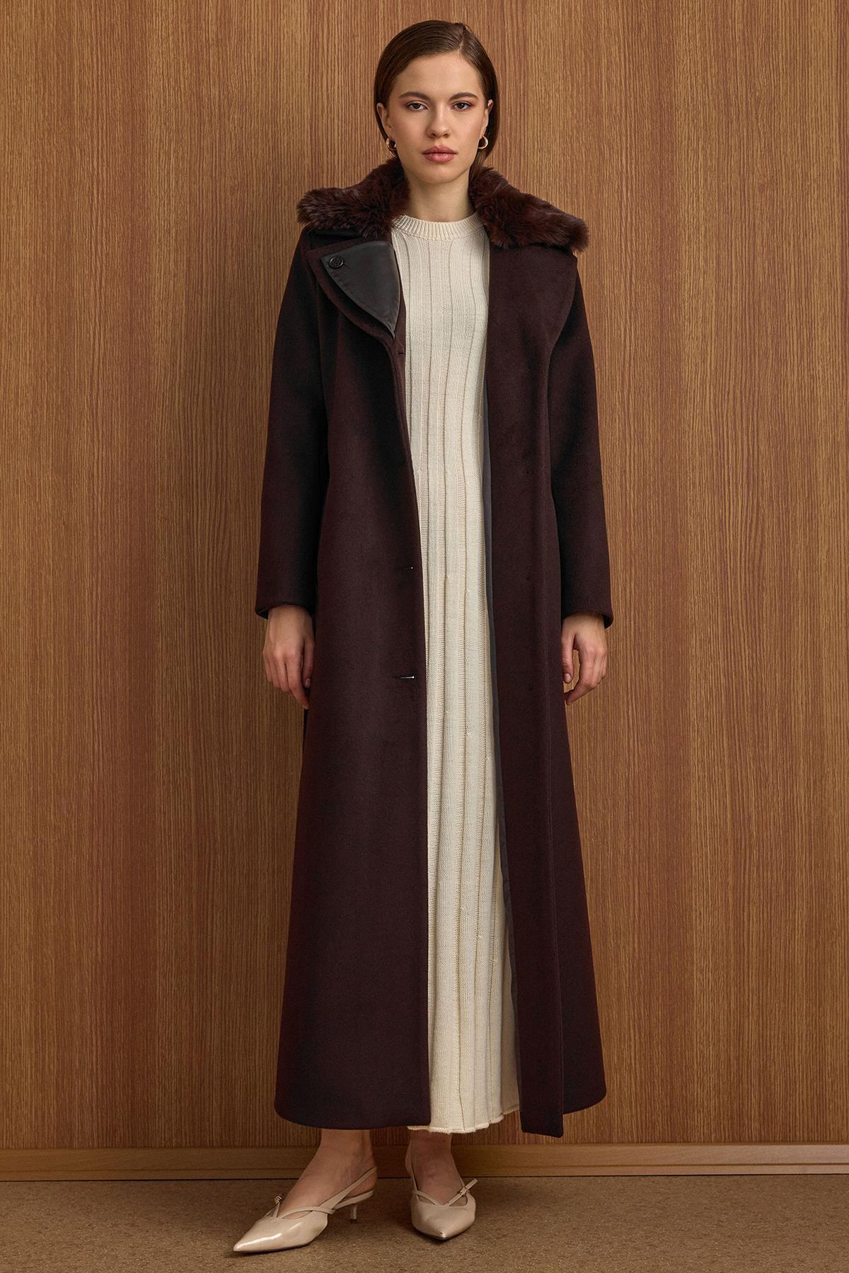 Olcay Çıkabilir Kürklü Deri Garnili Premium Kumaş Manto KAHVE 3153