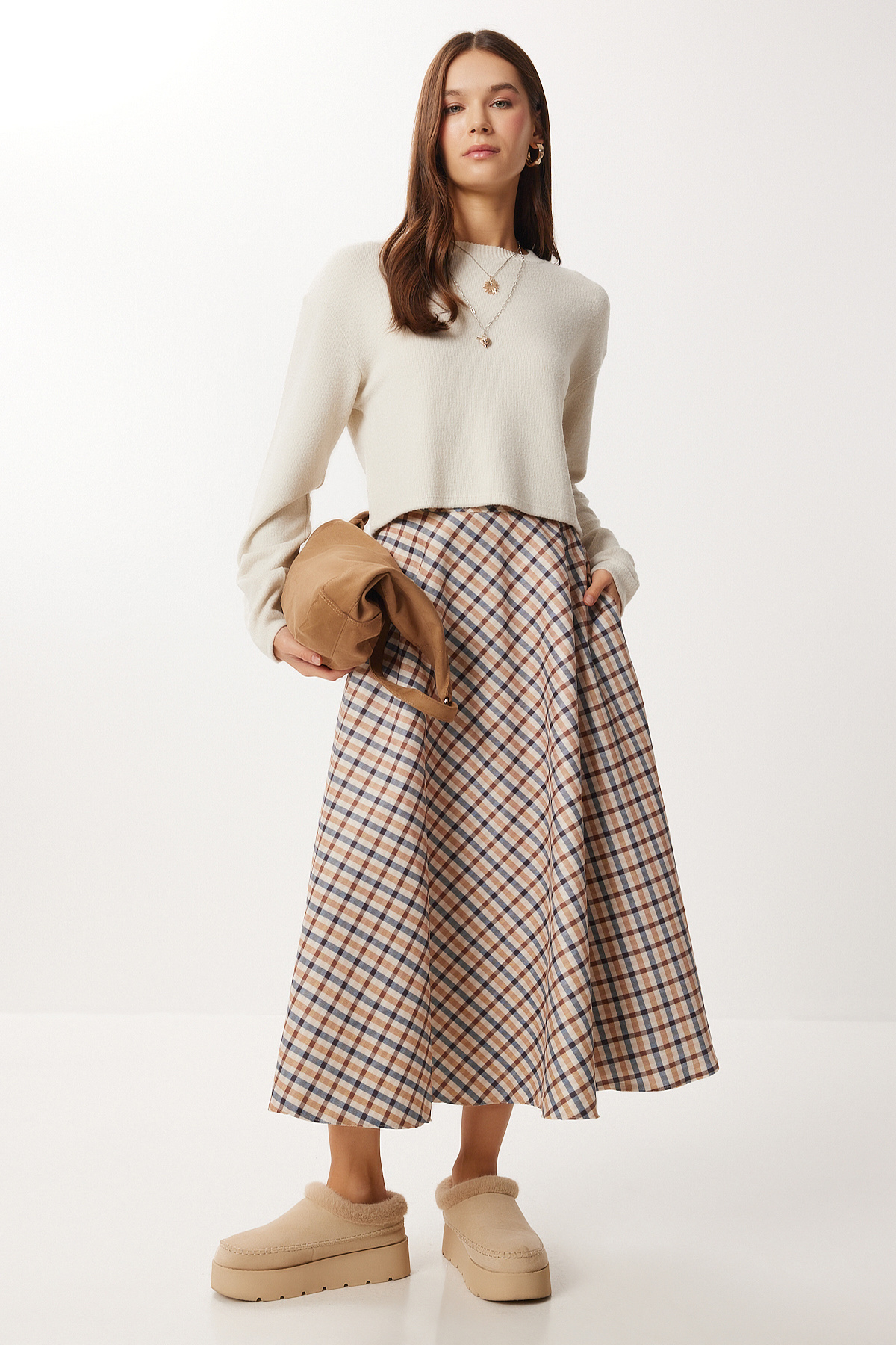 Lovelyİstanbul Kareli Midi Kloş Etek LNS0092 KREM LACİVERT