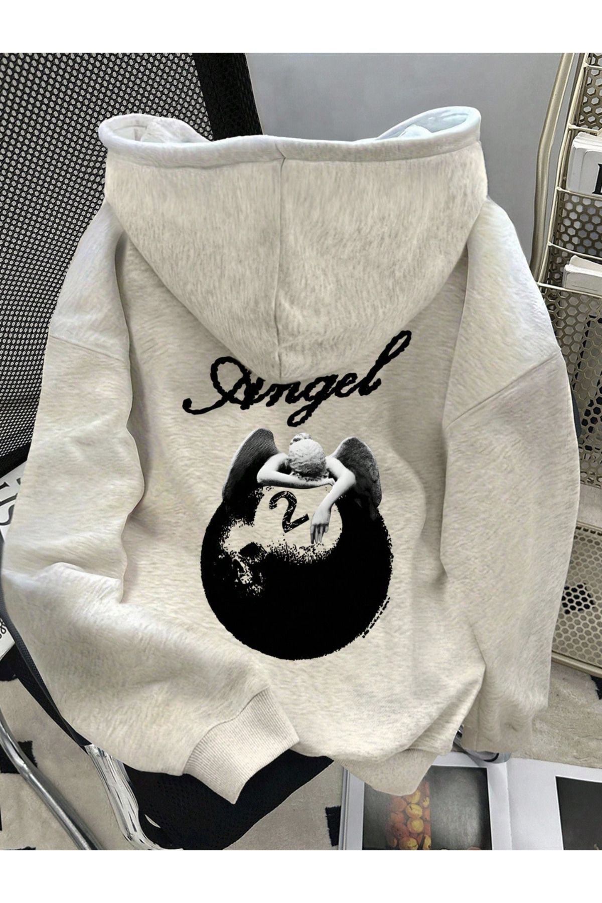 Unisex Erkek/Kadın Renkli ANGEL2 Özel Baskılı Oversize Kapüşonlu Sweatshirt %80Pamuklu — خاکستری ANGEL2-KAPÜŞONLU-COHERENT-