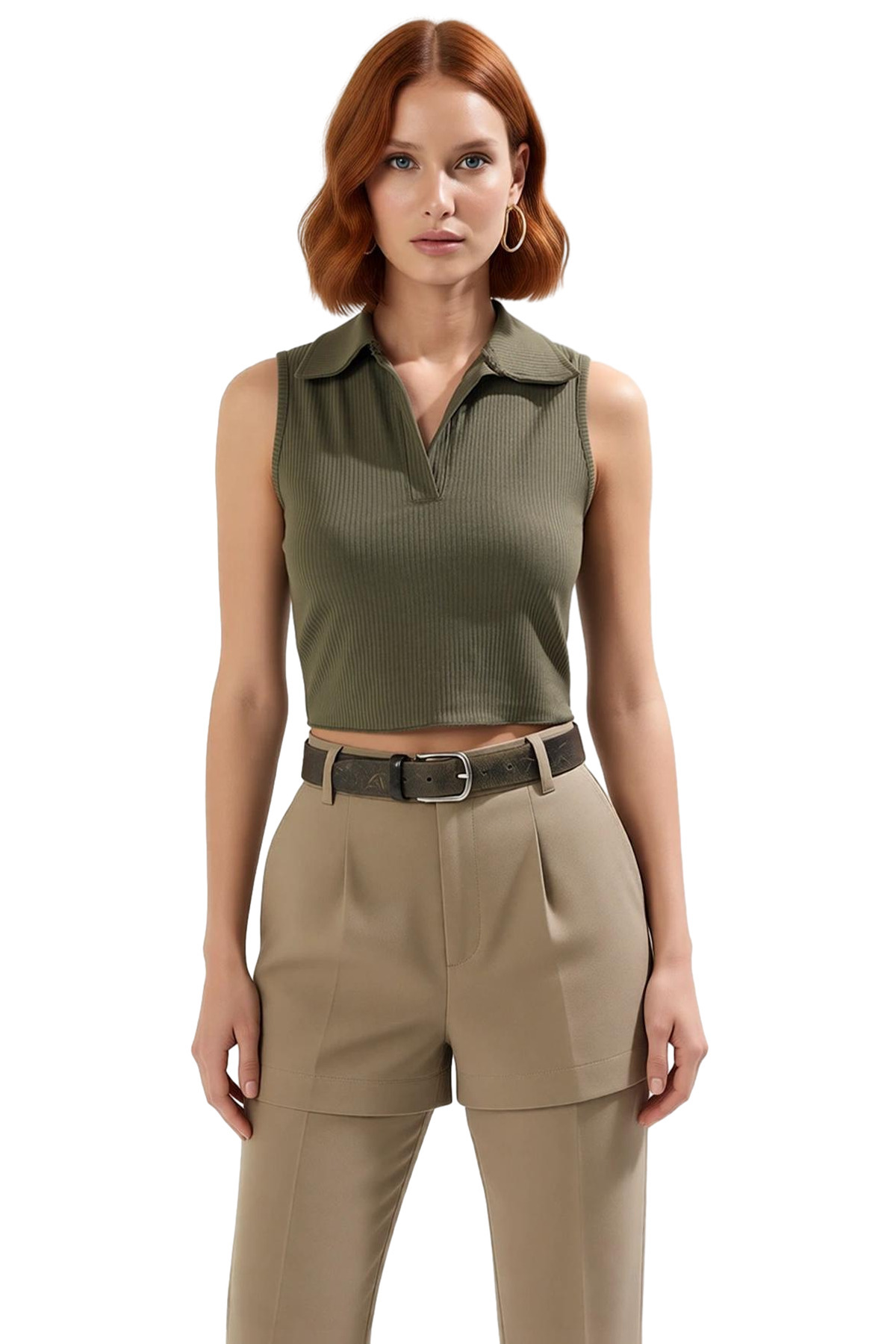 Kadın Polo Yaka Crop Örme Bluz Yazlık Rahat Kombin Trend Tasarım Uzun Ömürlü Kaliteli İşçilik