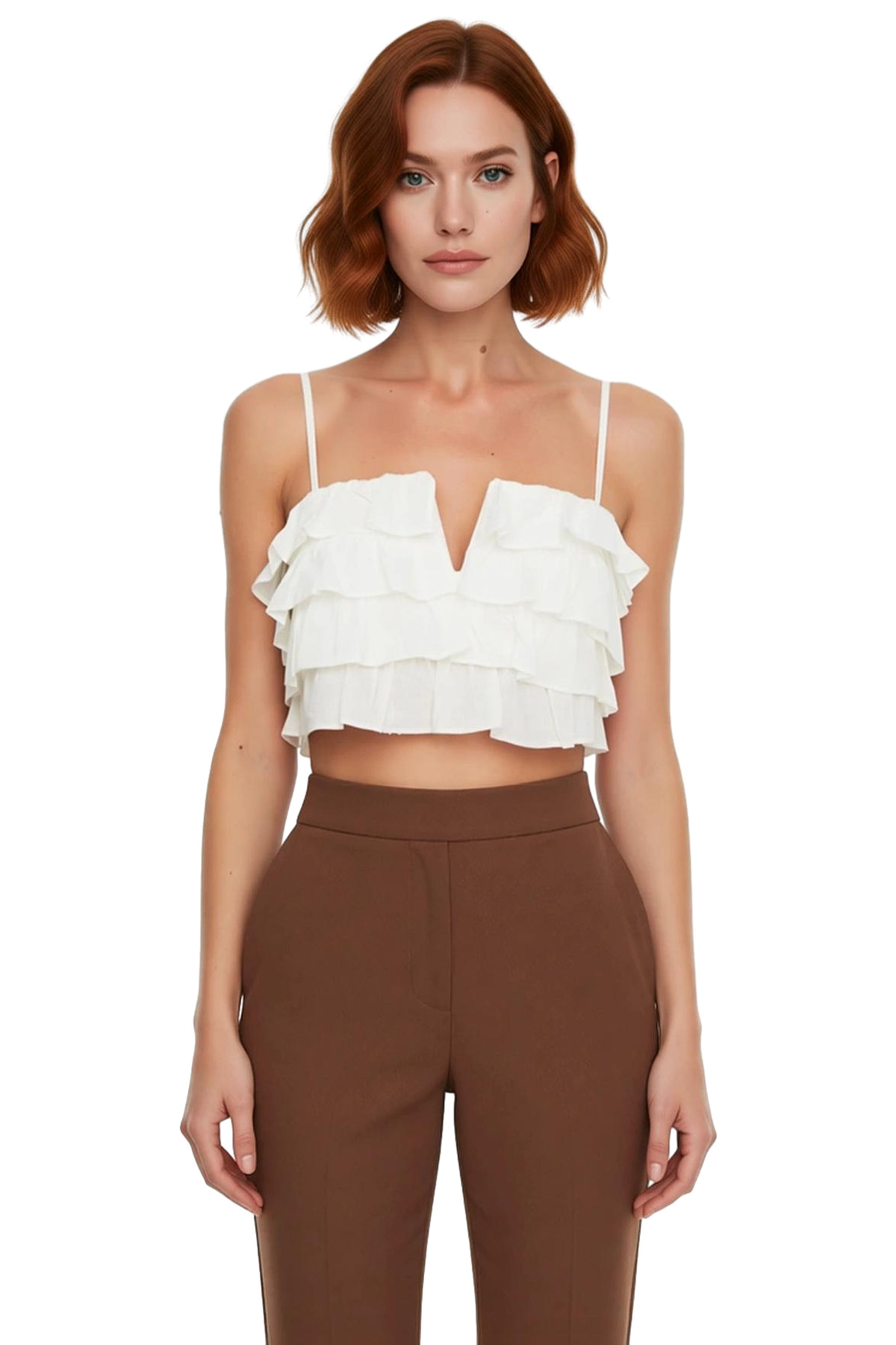 Yazlık Crop Bluz Katlı Fırfır Detay Pamuklu Dokuma Kumaş Plaj ve Günlük Stil Rahat Kullanım