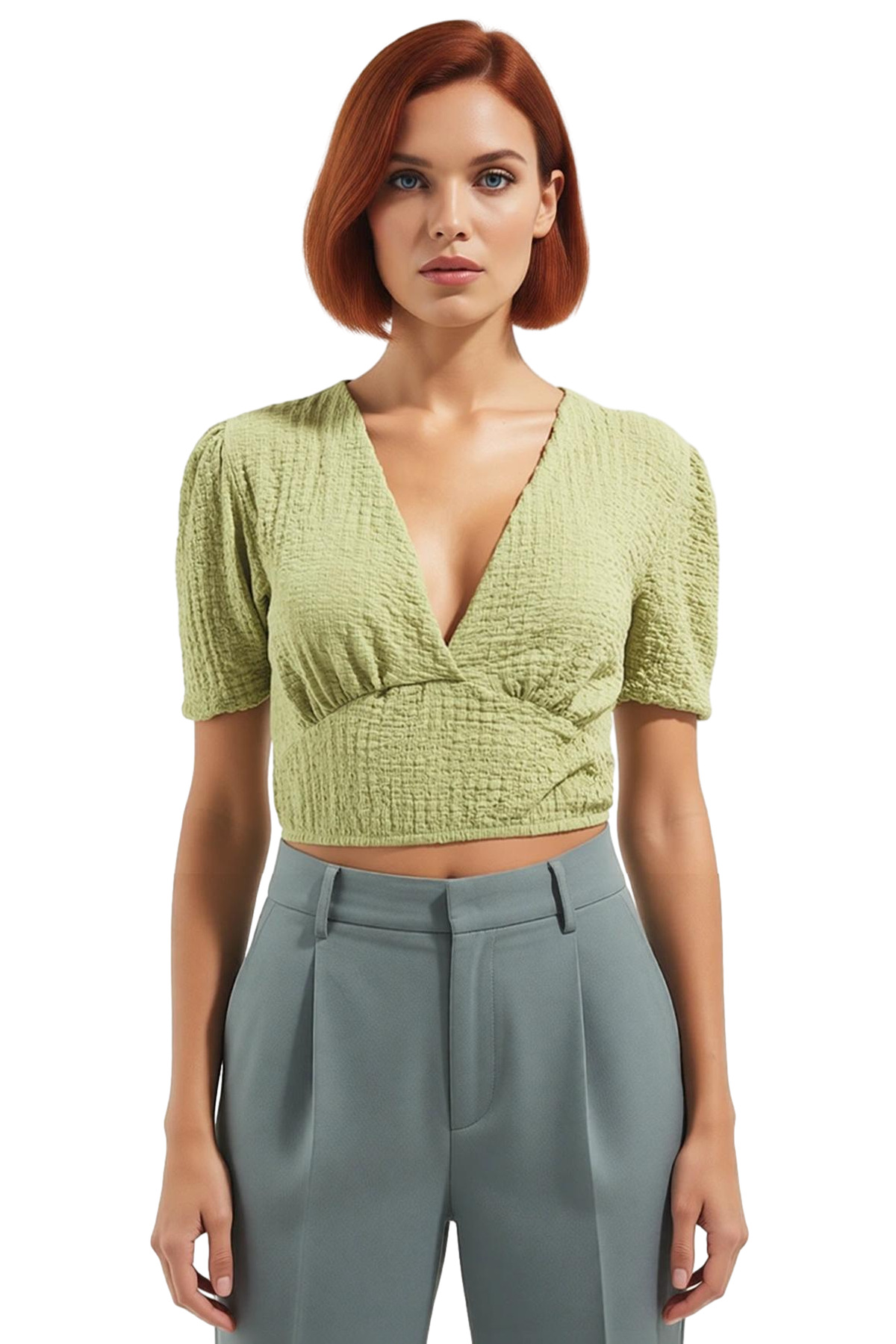 Kadın V Yaka Fitted Crop Örme Bluz Kısa Kol Yazlık Uzun Ömürlü Günlük Kullanım İçin