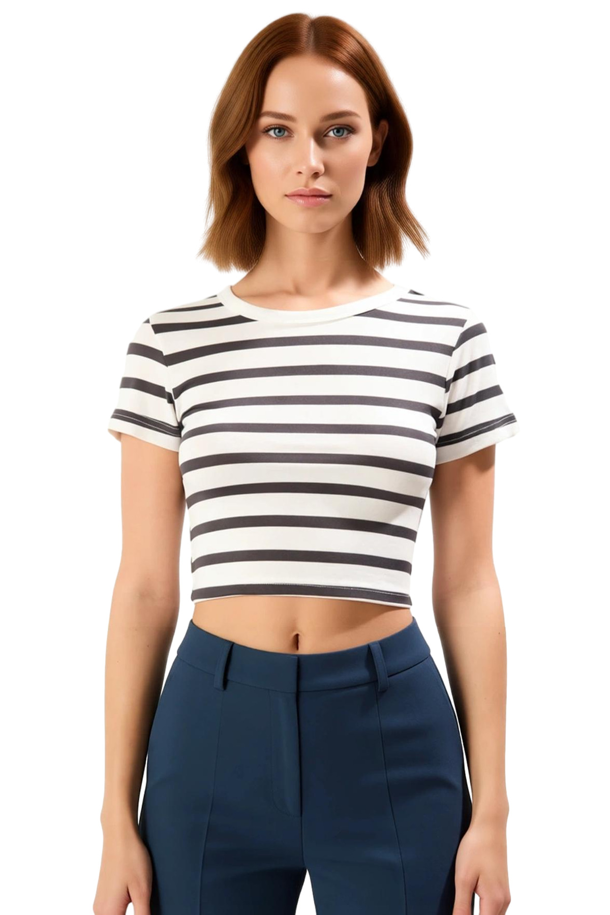 Şık Çizgili Viskoz Crop Bluz Yazlık Rahat Fitted Kalıp Uzun Ömürlü Seçkin Malzeme Trend Tasarım