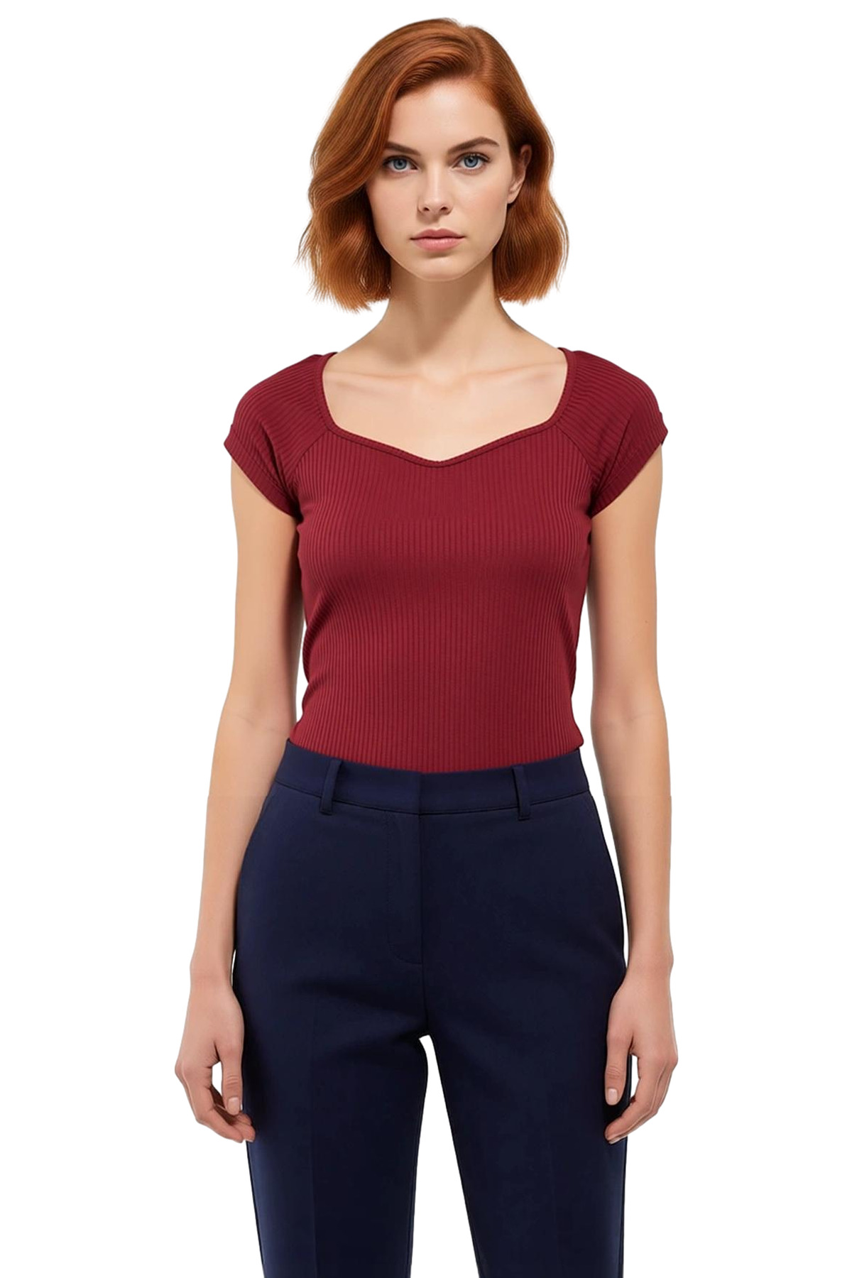 Fitted Örme Bluz Kalp Yaka Yazlık Günlük Premium Kalite Kullanım İçin Modern Stil