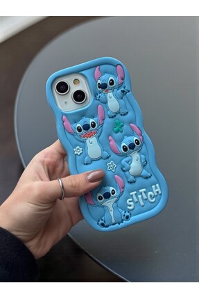 KVK PRİVACY iPhone 13 / 14 / 15 Uyumlu Stitch Desenli Kabartmalı Sevimli Sili...