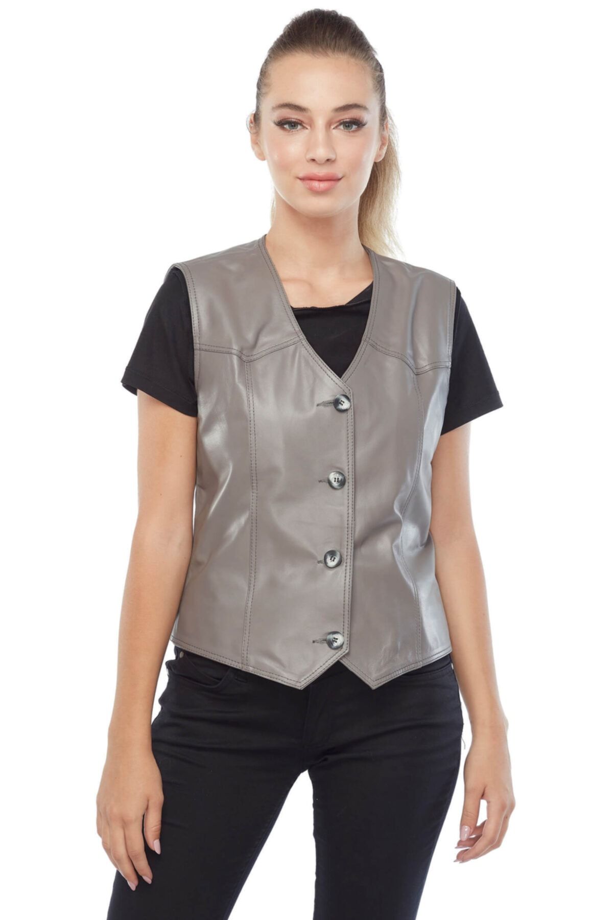 Deriza Vestă Din Piele De Damă Din Piele Naturală Taupe Femeie - XL