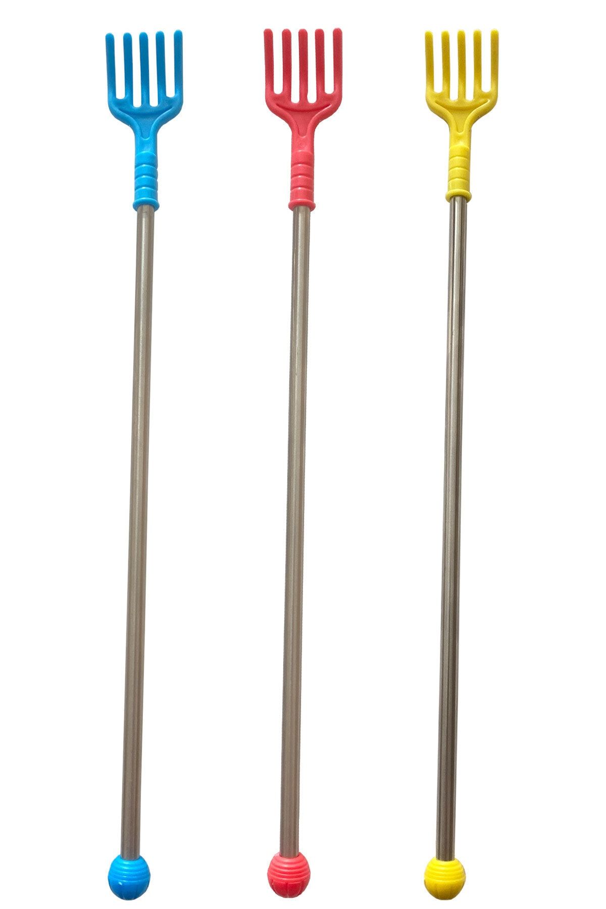 3'lü Set Metal Saplı Sırt Kayışıcı Sırt Kaşıma Çubuğu Mavi Kırmızı Sarı 42 Cm