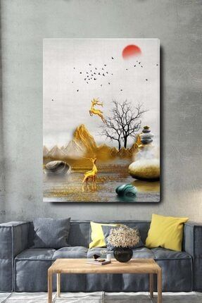 Dekoratif Soyut Altın Geyikli Ağaç Ve Taşlar Sürreal Kanvas Duvar Tablosu 50x70cm BLKGOLDSET3