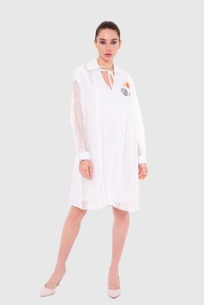 Organze Pilise Garnili, Nakış Aplikeli Poplin Beyaz Elbise M1YM5D02511NA