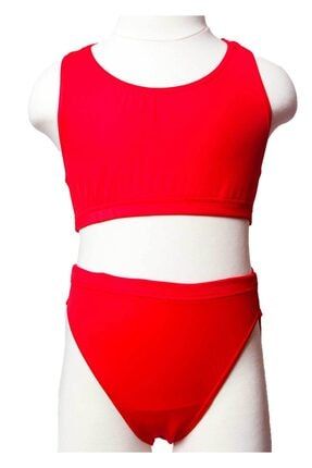Ayl Kız Çocuk Kırmızı Bustiyer Model Arkada Pencere Detaylı Yüzücü Alt Üst Bikini Düz Takım 170 ÇBD170