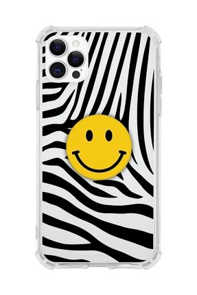 Iphone 12 Pro Max Uyumlu Darbe Emici Zebra Çizgileri Ve Gülen Yüz Desenli Popsocket Kombini IP12PMKBN