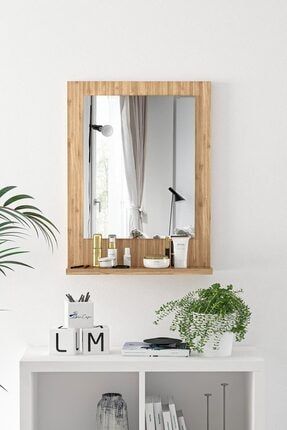 Verona 45x60cm Bambu Raflı Ayna Dresuar Hol Koridor Duvar Salon Banyo Wc Ofis Çocuk Yatak Odası Boy VERONA-45X60CM-RAFLI-AYNA