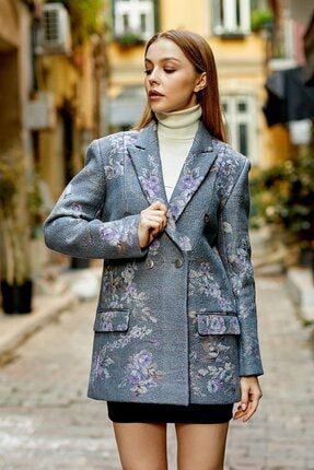 Ipek yün Ceket Çiçek Desen Gri lila Haute Couture NF02898