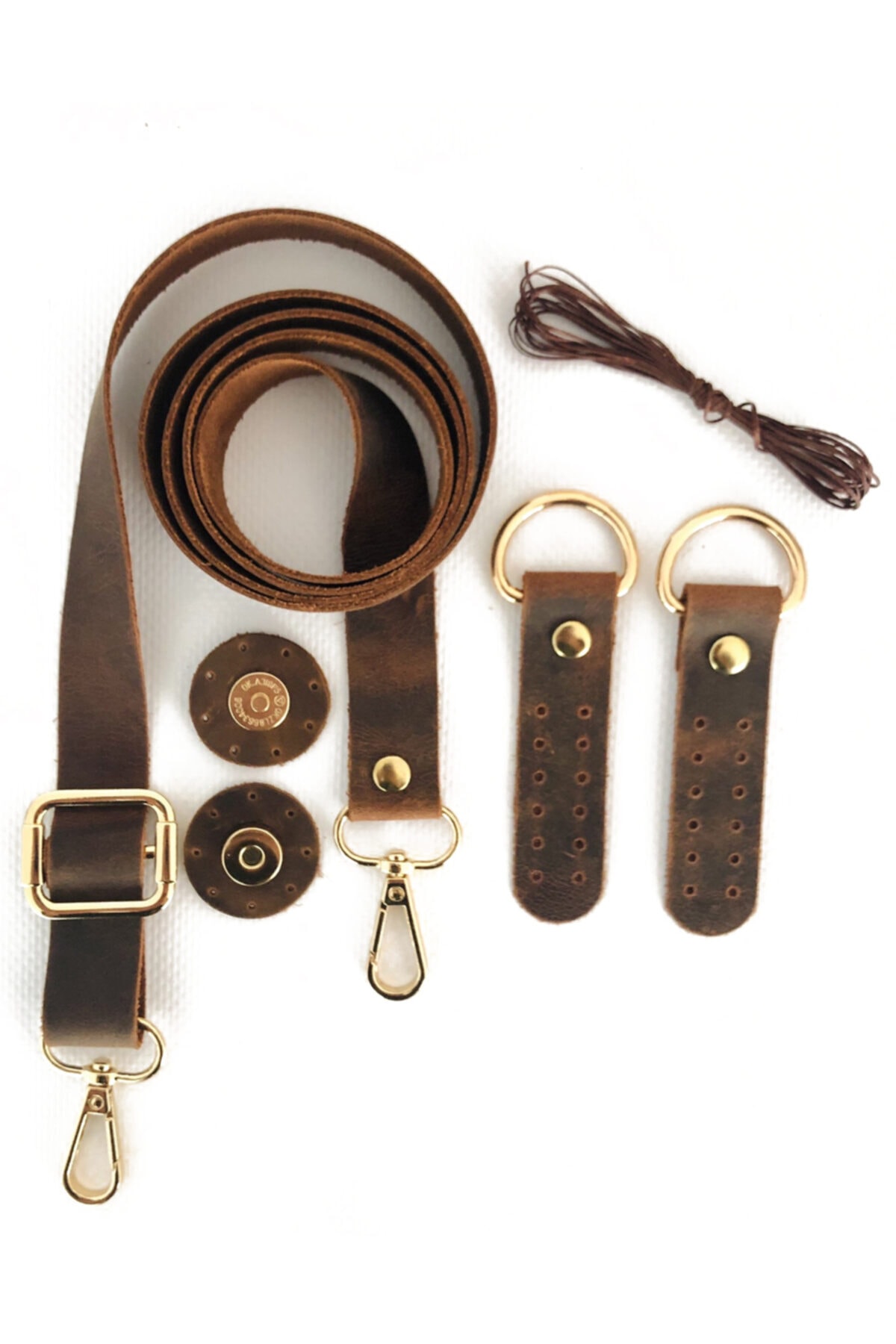 alfa tasarım atölyesi Hakiki Deri Çanta Sapı Altın Aksesuar 120 cm Mıknatıslı Çıtçıt, Mumlu Ip Set - Crazy Taba