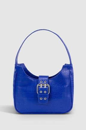 Kadın Saks Mavi Tokalı Timsah Desenli Baguette Çanta 209