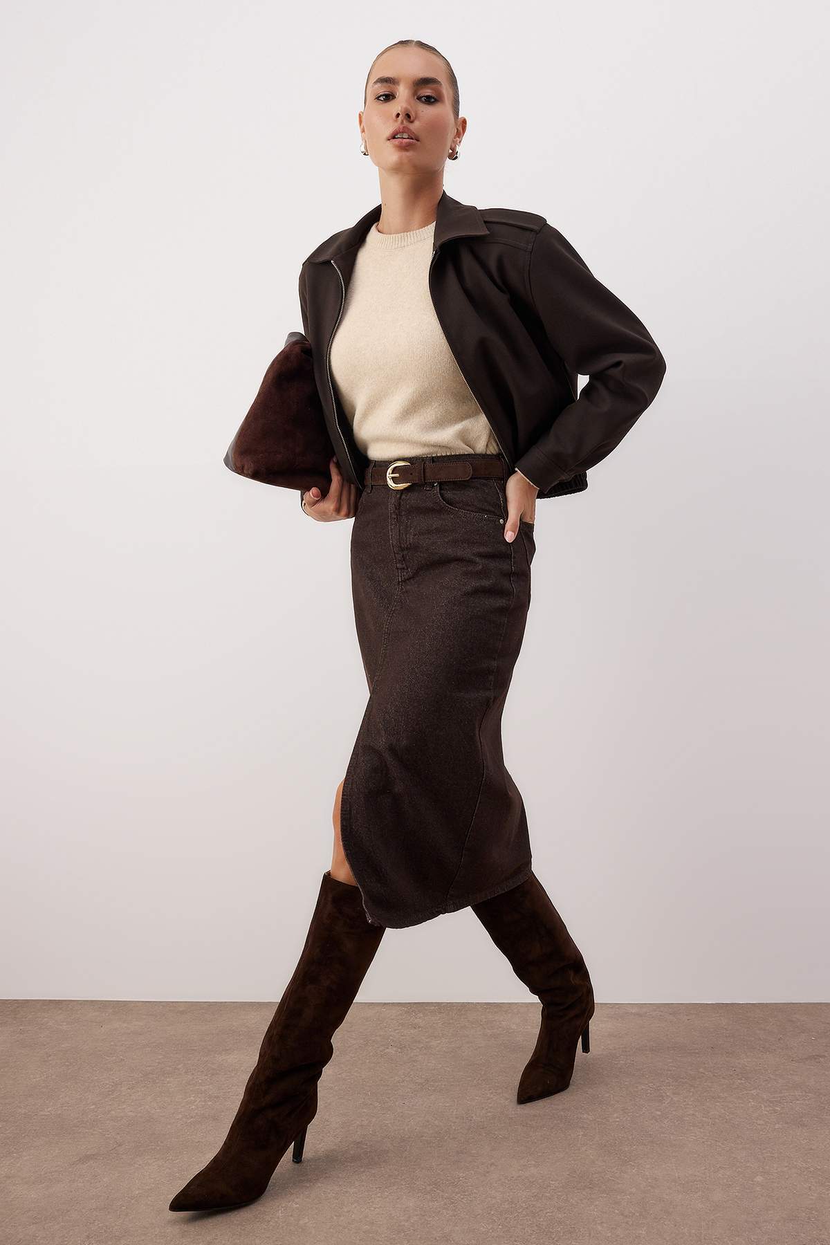 Trendyolmilla  Kahverengi Denim Midi Etek TWOAW26ET00140 - Görsel 2