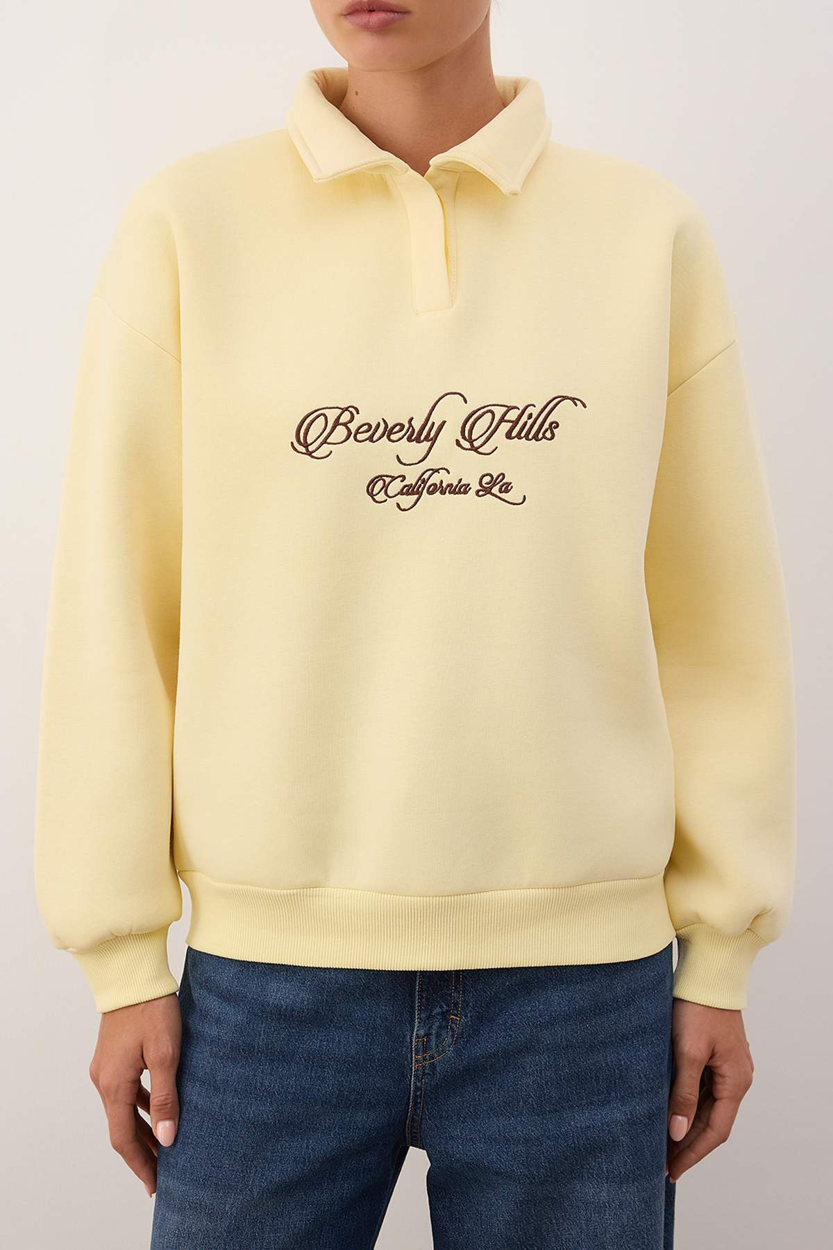 Trendyolmilla  Sarı Gömlek Yaka Nakışlı Regular Fit Kalın İçi Polarlı Örme Sweatshirt TWOAW24SW00182 - Görsel 3