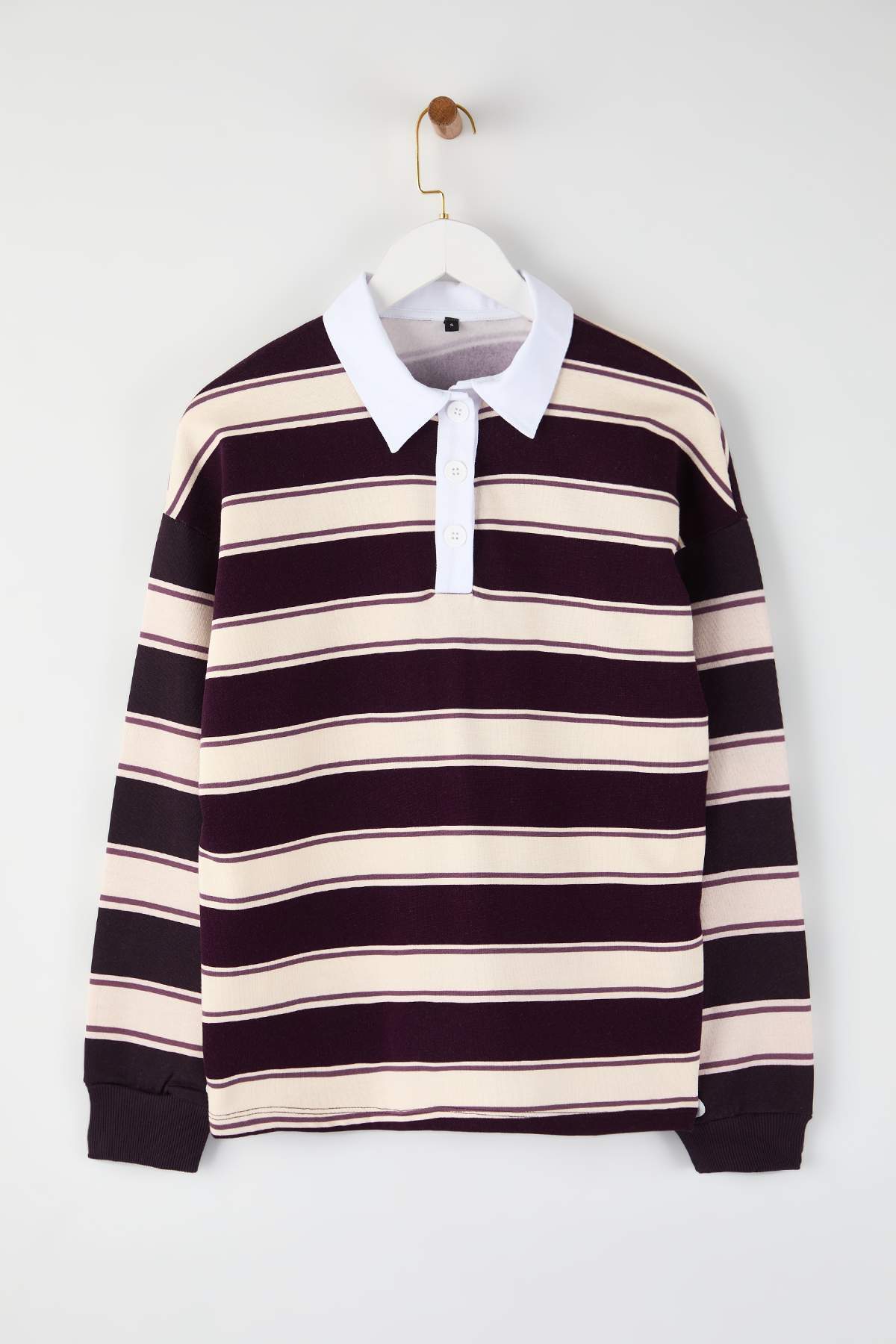 Trendyolmilla  Çok Renkli Çizigli Polo Yaka Oversize/Geniş Kalıp Örme Sweatshirt TWOAW26SW00245 - Görsel 5