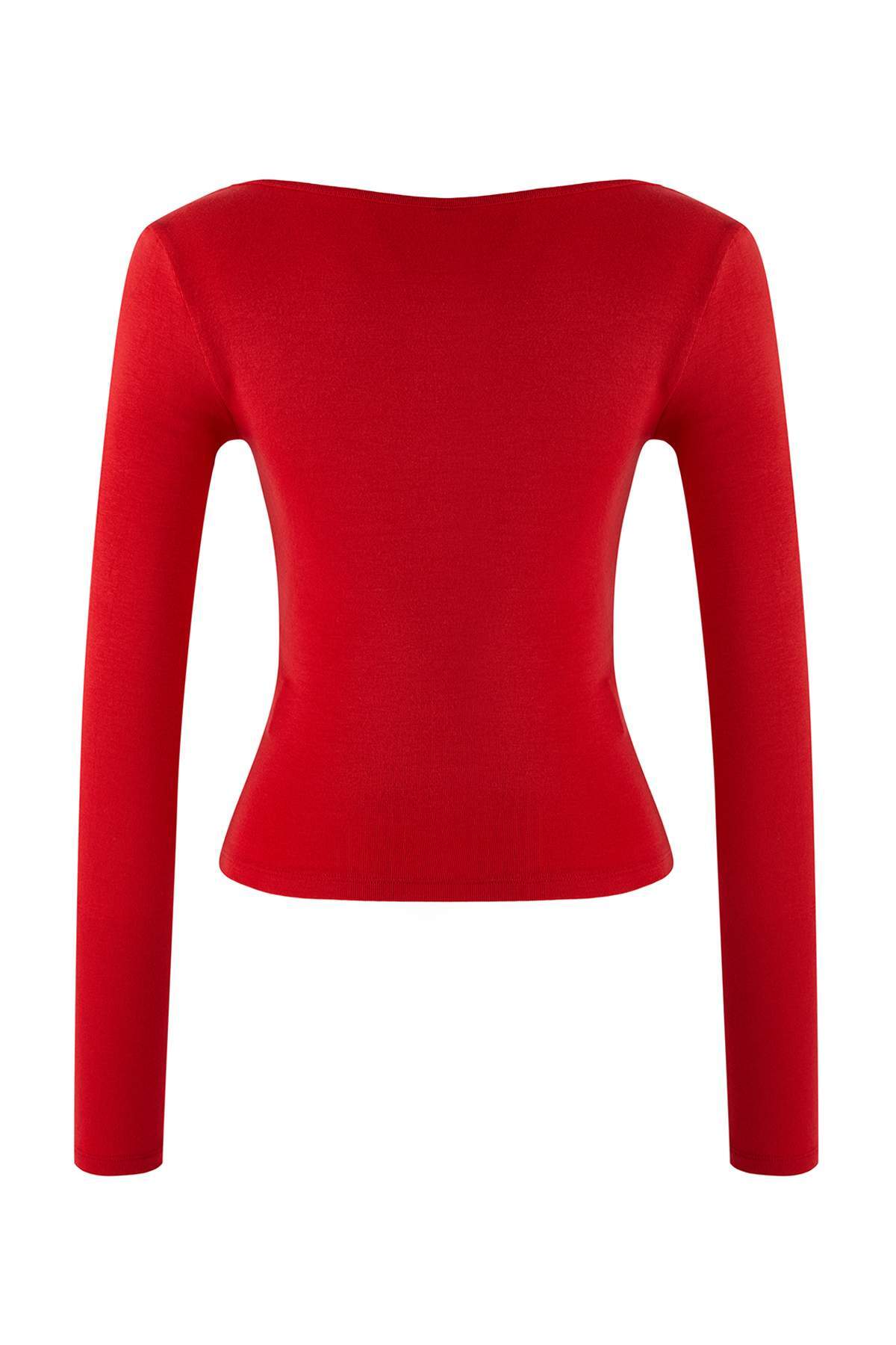 Trendyolmilla  Kırmızı Fırfırlı Fitted/Vücuda Oturan Örme Bluz TWOAW26BZ00287 - Görsel 6