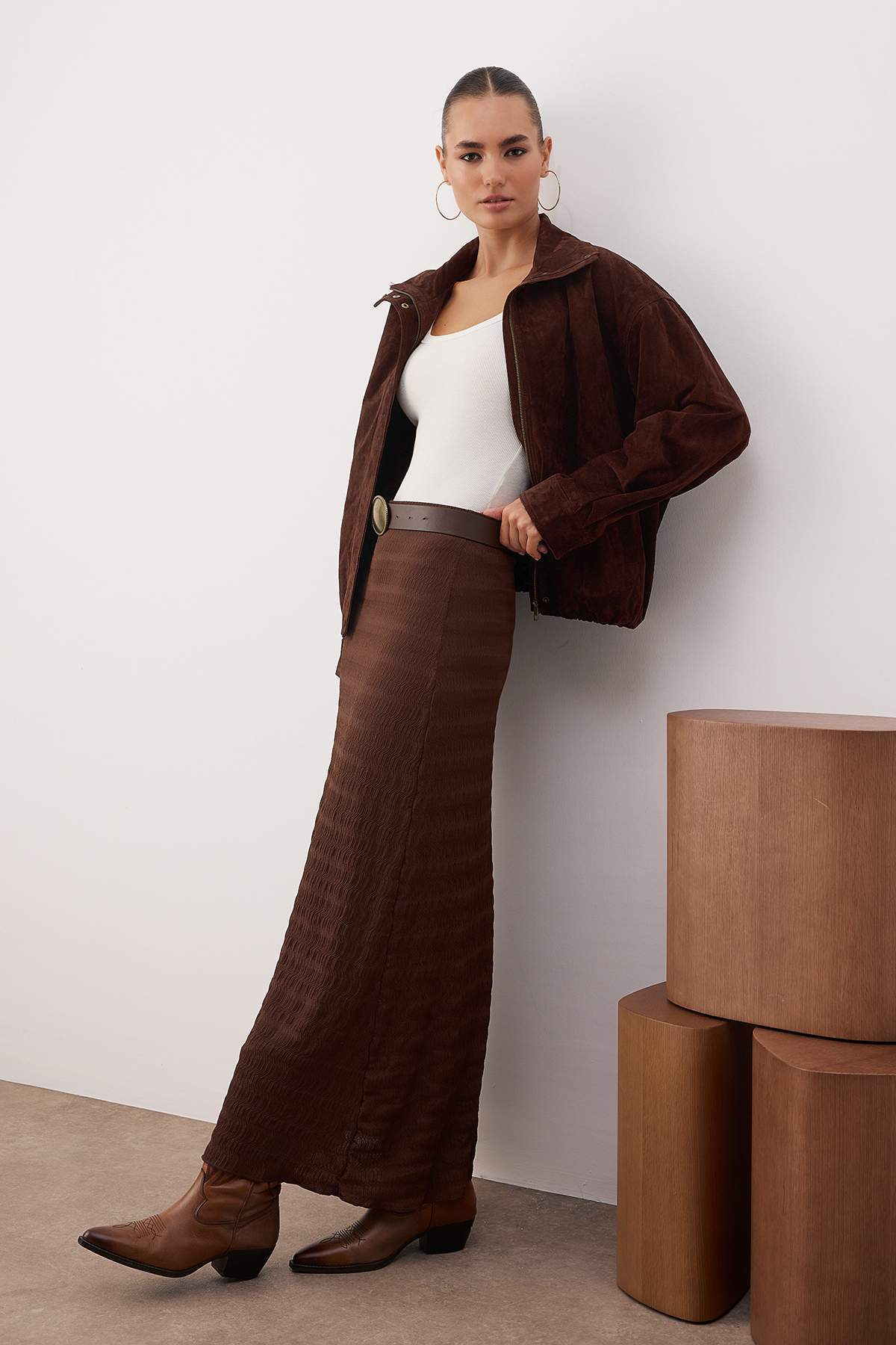 Trendyolmilla  Kahverengi Dokulu A-line/Çan Açılan Esnek Örme Etek TWOAW26ET00094 - Görsel 2