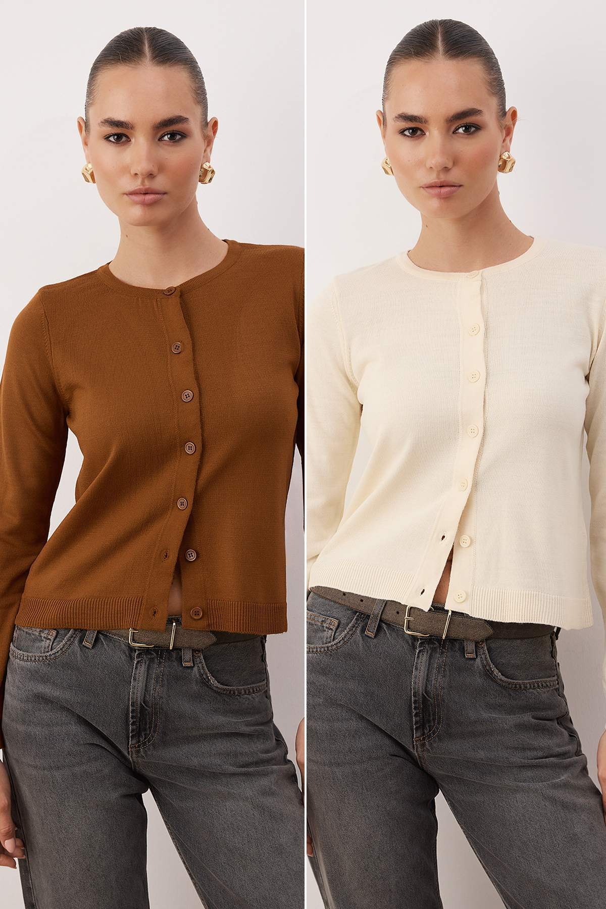 Trendyolmilla  Kahverengi-Taş İkili Paket Bisiklet Yaka Triko Hırka TWOAW25HI00344