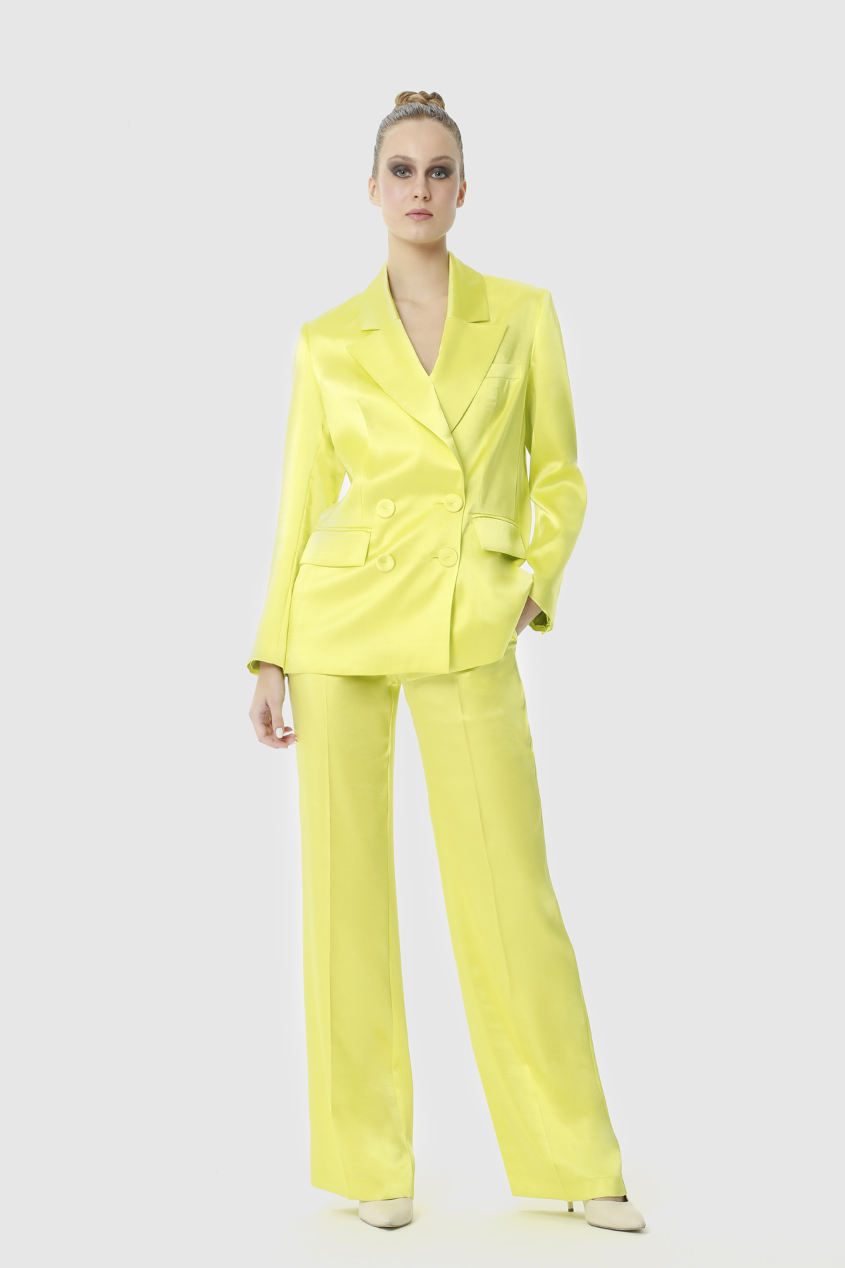 Wrap Closed Blazer Jacketed Shiny Satin Fabric Green Suit