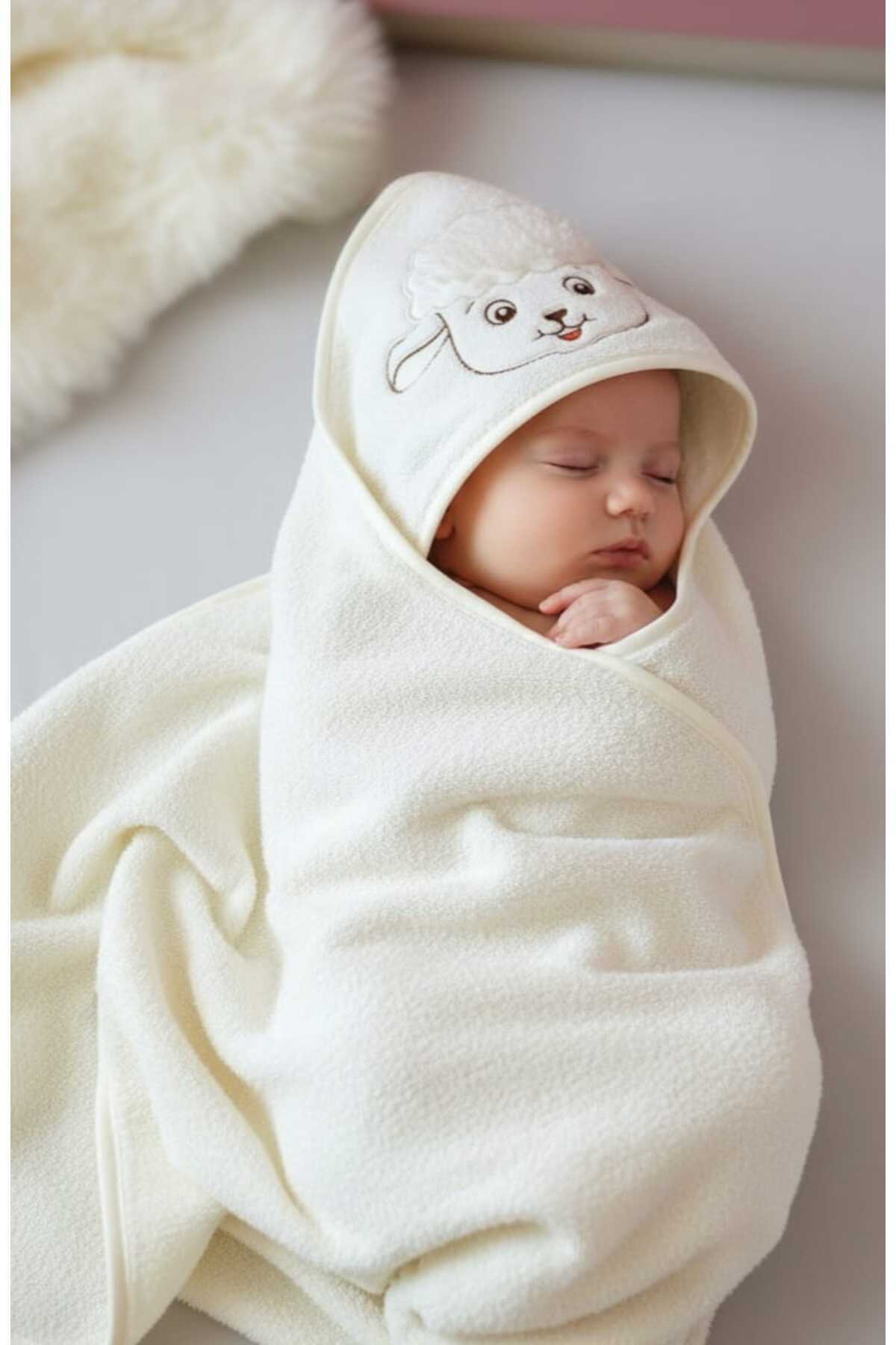 Alpar Tekstil %100 Pamuk Ekstra Yumuşak Kız-Erkek Bebek Banyo Havlu Kundak Ekru/kuzu