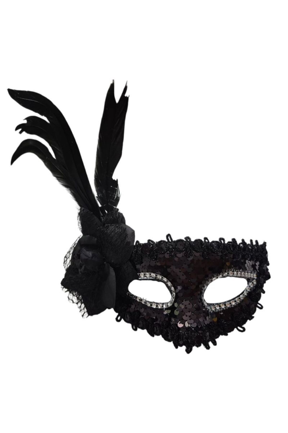 partidolu Siyah Renk Pullu Güllü Tüylü Wedding Maskesi Lastikli Balo Mask 1 Adet bride