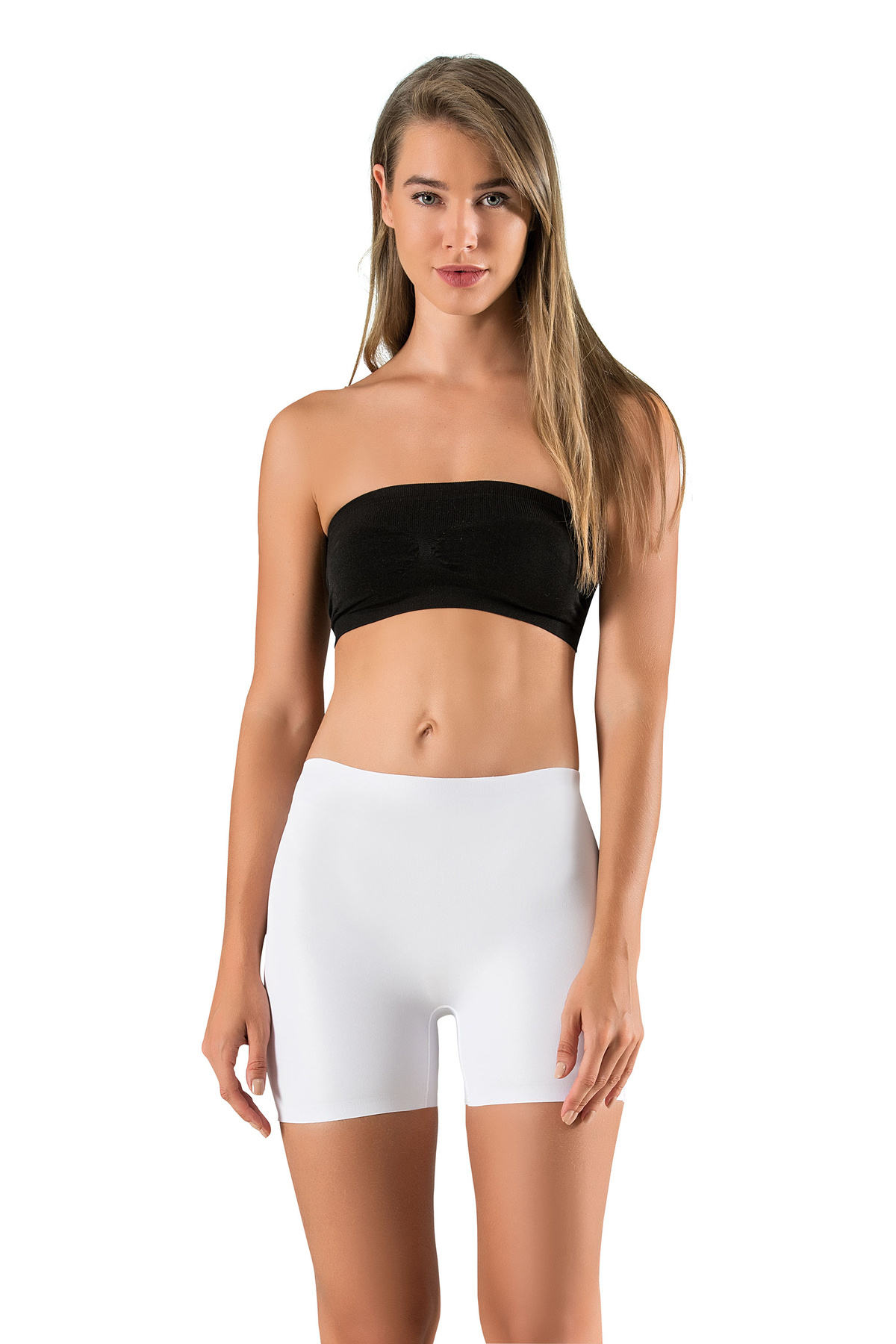 MODANTY Kadın Beyaz Uzun Şort Boxer Toparlayıcı Anında 1 Beden Ince Görünüm Lazer Kesim Dikişsiz Iz Yapmaz