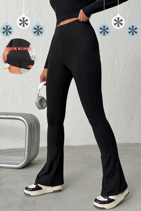 OPENDO Kışlık İçi Polarlı Yüksek Bel Toparlayıcı Ispanyol Paça Flare Kadın Ta...