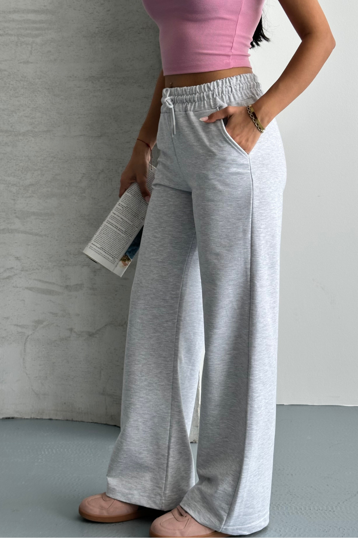 macharel jeans Kadın Gri Iki Iplik Beli Lastikli Salaş Bol Paça Eşofman Altı görsel 4