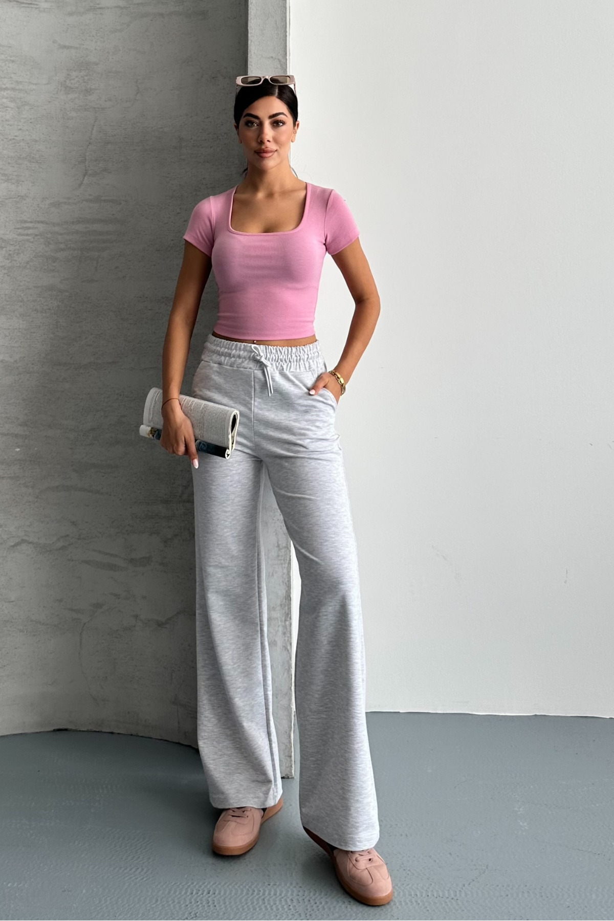 macharel jeans Kadın Gri Iki Iplik Beli Lastikli Salaş Bol Paça Eşofman Altı görsel 8