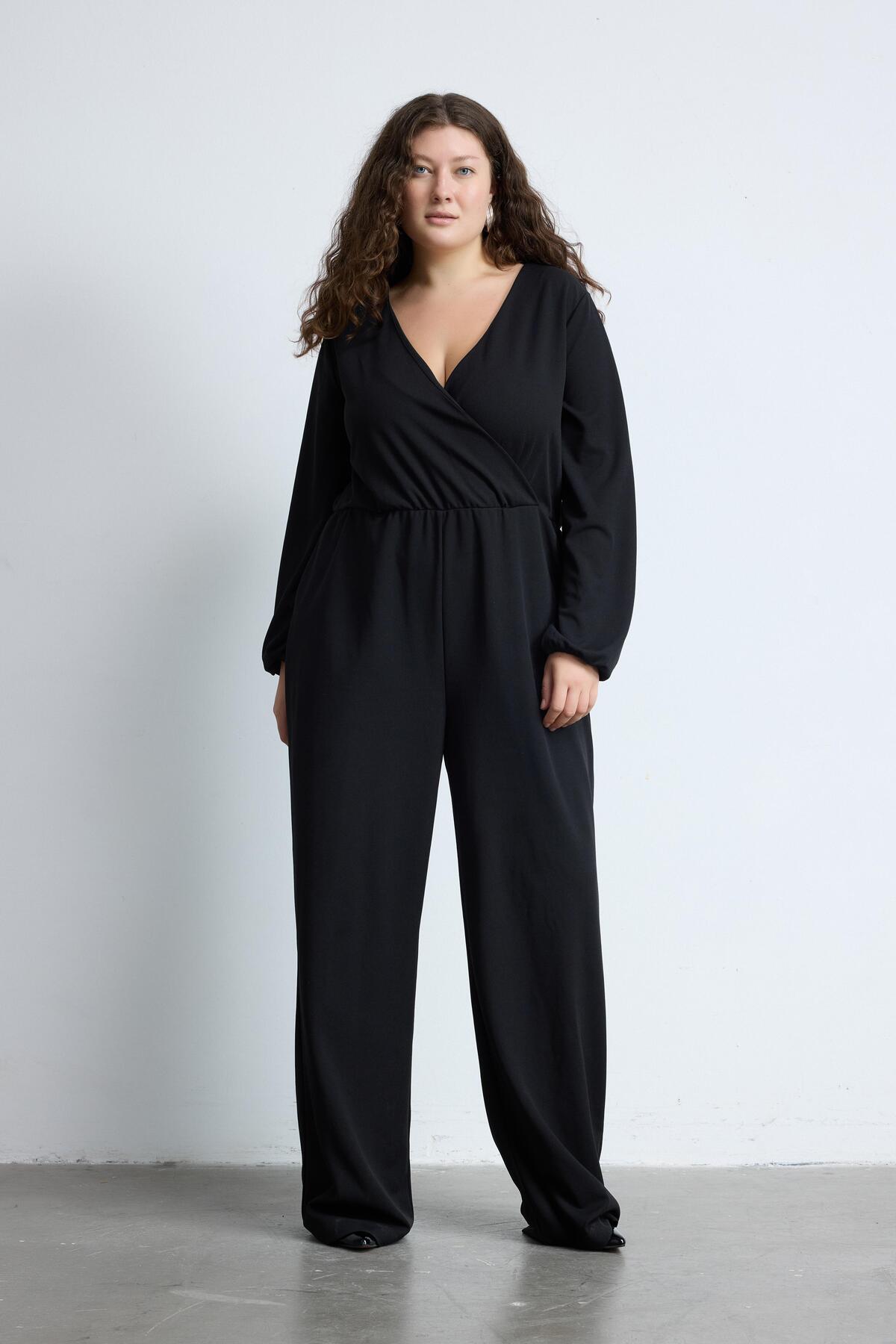 LUOKK  SANDIS V Yaka Çıkarılabilir Kemerli Geniş Paça Büyük Beden Tulum Siyah - Görsel 2