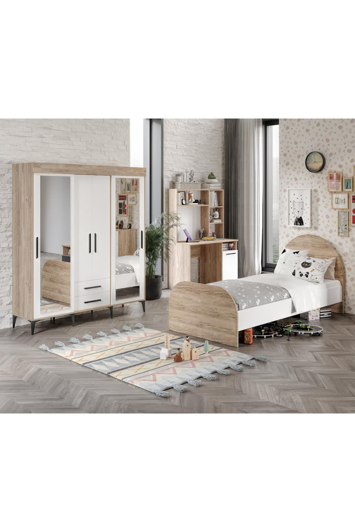 Afilli Ildır Çocuk Odası Takımı Tamamı Mdf Flora Beyaz Aynalı