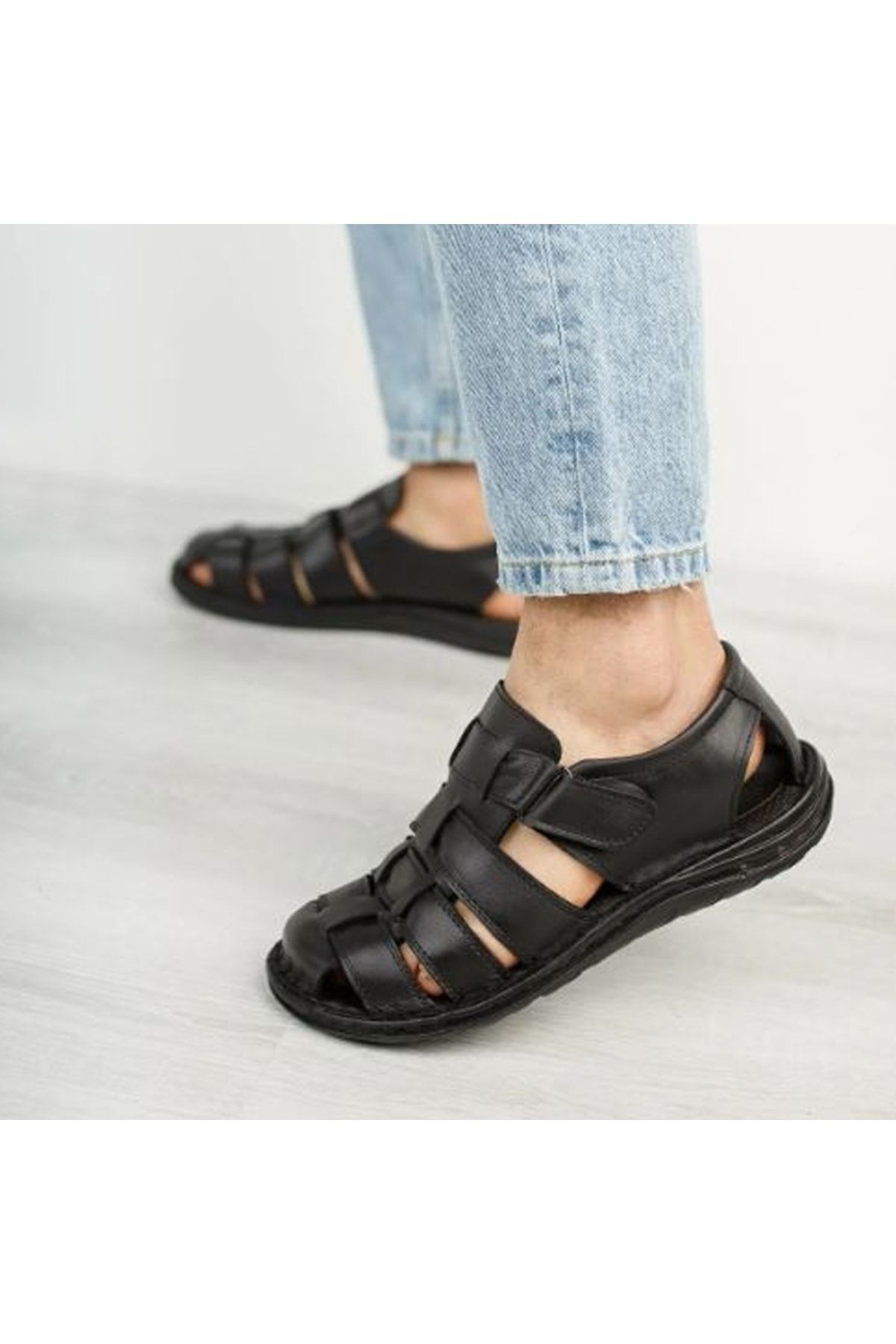 MAGIC SHOES Erkek Siyah Ortopedik Deri Sandalet görsel 4