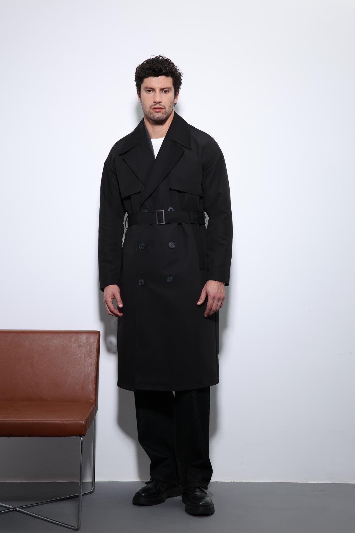 Antioch  Siyah Kruvaze Kapama Kemerli Trençkot - Görsel 7