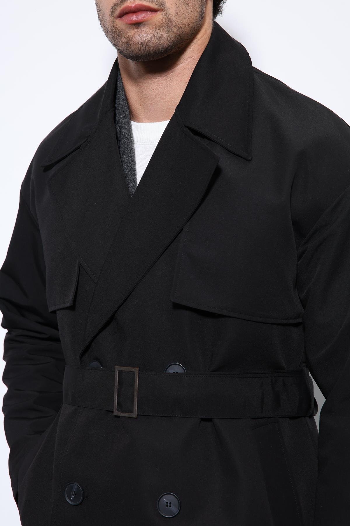 Antioch  Siyah Kruvaze Kapama Kemerli Trençkot - Görsel 5