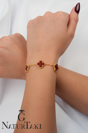 Naturtakı Bordo Kahverengi Akik Taşlı Yonca Şans Model Kadın Gümüş Bileklik -...