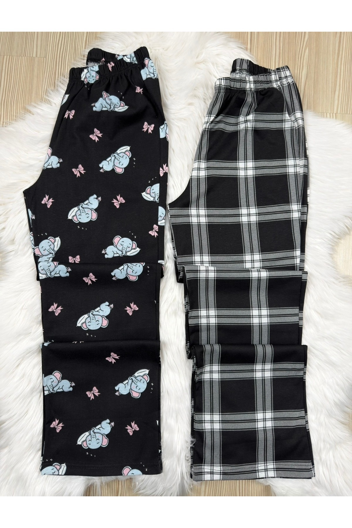 Pijamacs Siyah Fil ve Ekose Desenli 2'li Pijama Altı