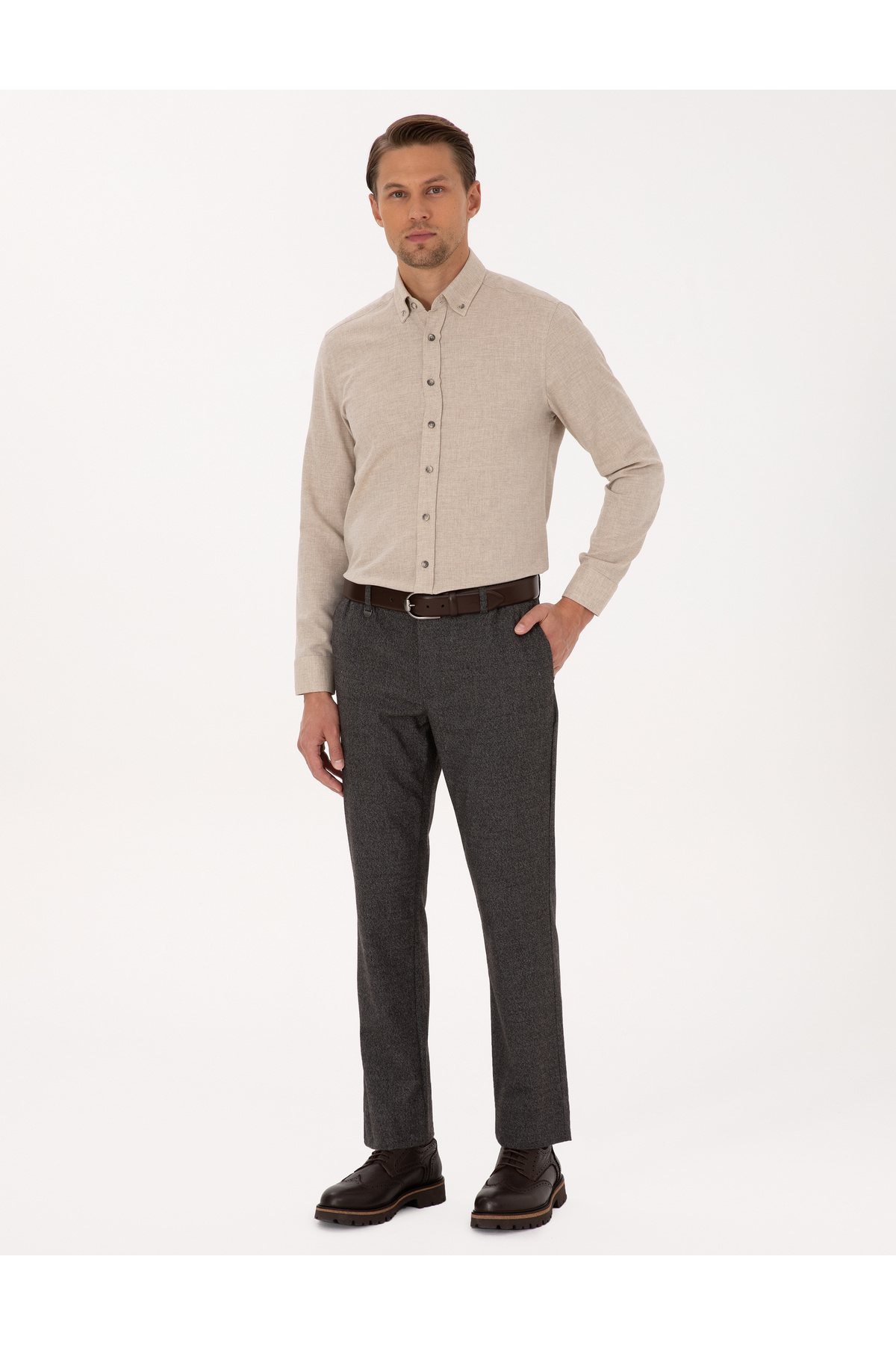 شلوار پارچه‌ای قهوه‌ای مدل اسلیم فیت کد ۵۰۲۷۵۵۵۲-VR029 پیر کاردین شلوار Pierre Cardin