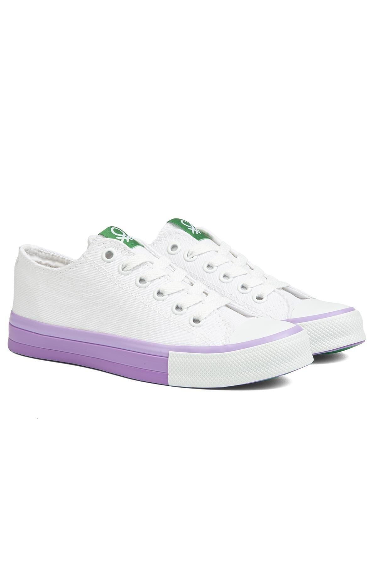 Benetton  ® | Bn-90176-2 - 3374 Beyaz Lila - Keten Kadın Sneaker Spor Ayakkabı - Görsel 5