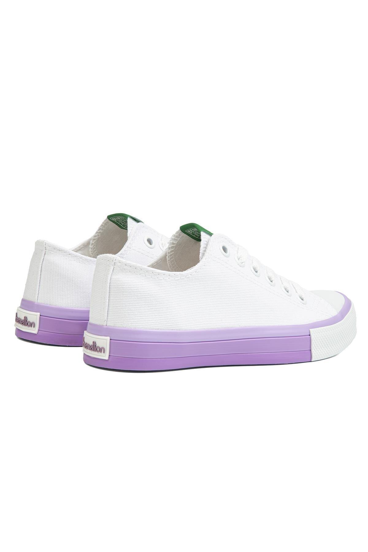 Benetton  ® | Bn-90176-2 - 3374 Beyaz Lila - Keten Kadın Sneaker Spor Ayakkabı - Görsel 6