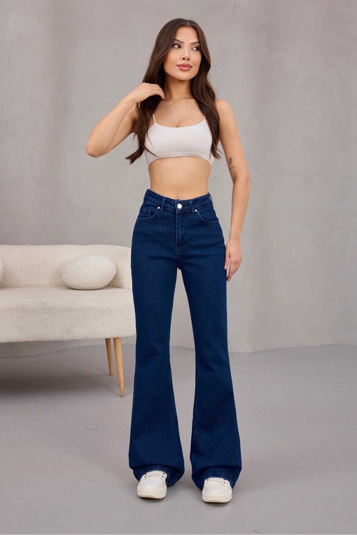 alanora  Kadın Yüksek Bel Likralı Ispanyol Paça Jeans - Görsel 6