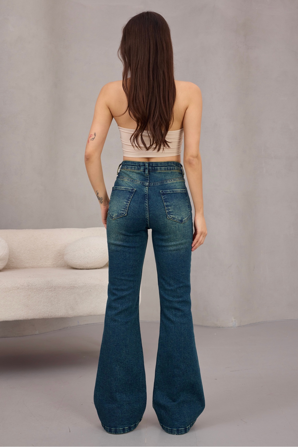 alanora  Kadın Yüksek Bel Likralı Ispanyol Paça Jeans - Görsel 6