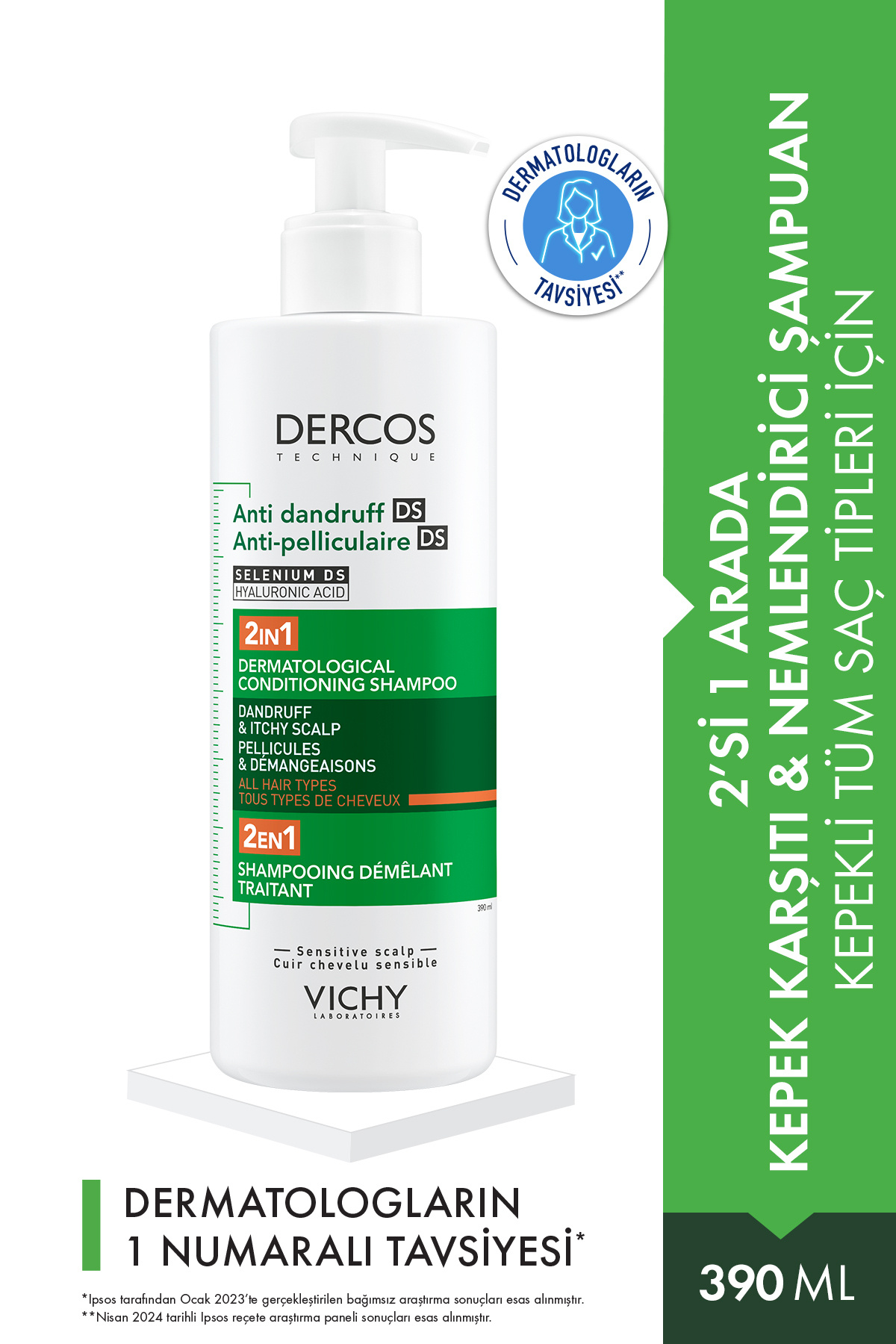Vichy Dercos Hyalüronik Asit İçeren Kepek Karşıtı & Nemlendirici 2'si 1 Arada Şampuan 390 ml