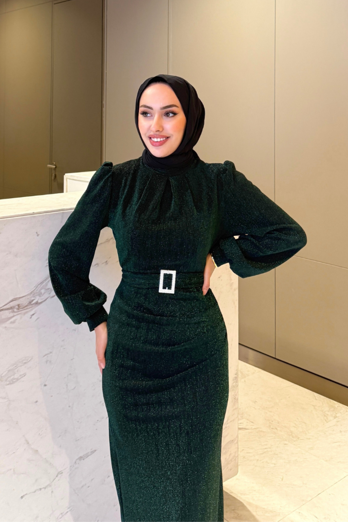 Tarzım Tuba Seçil Simli Tesettür Abiye Zümrüt