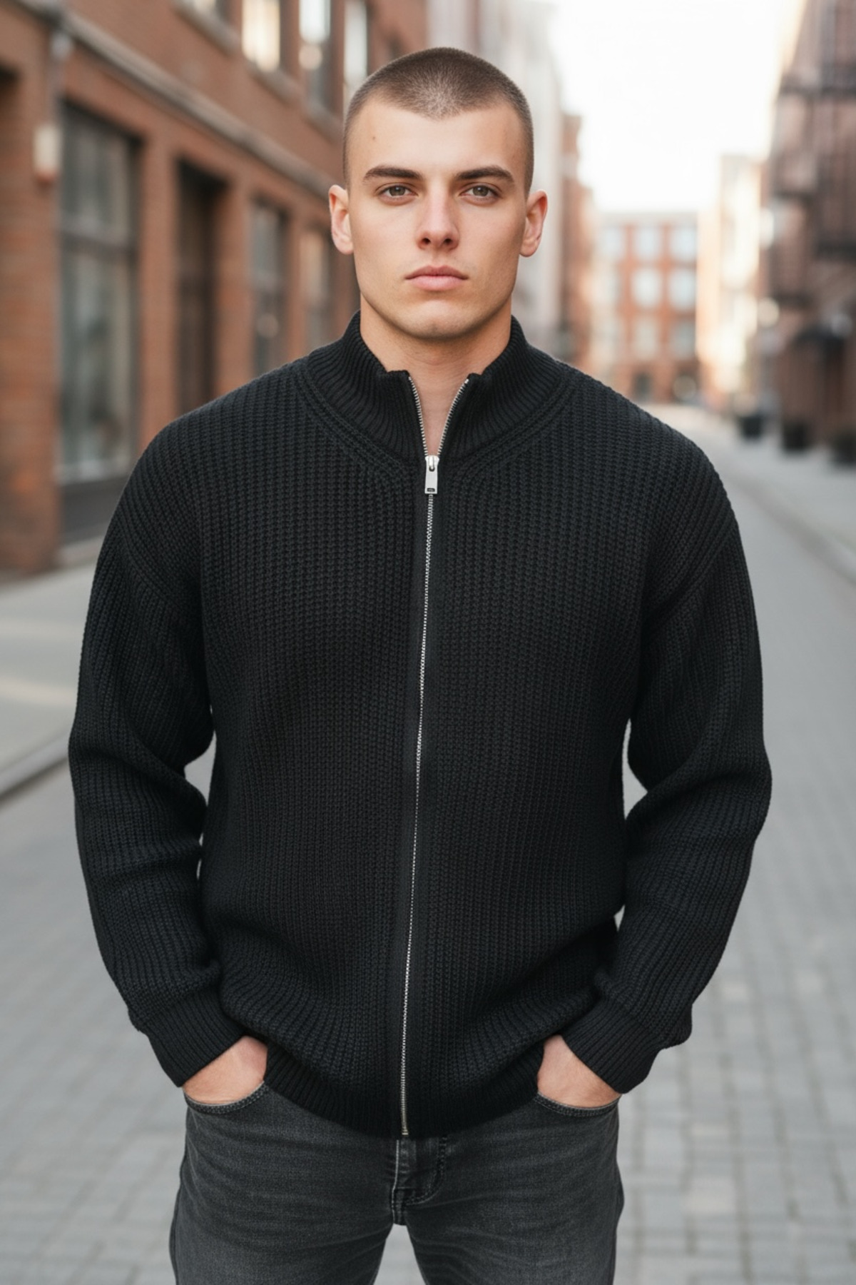 İLKCET MODA Fermuarlı Siyah Premium Selanik Örgü Oversize Unisex Hırka