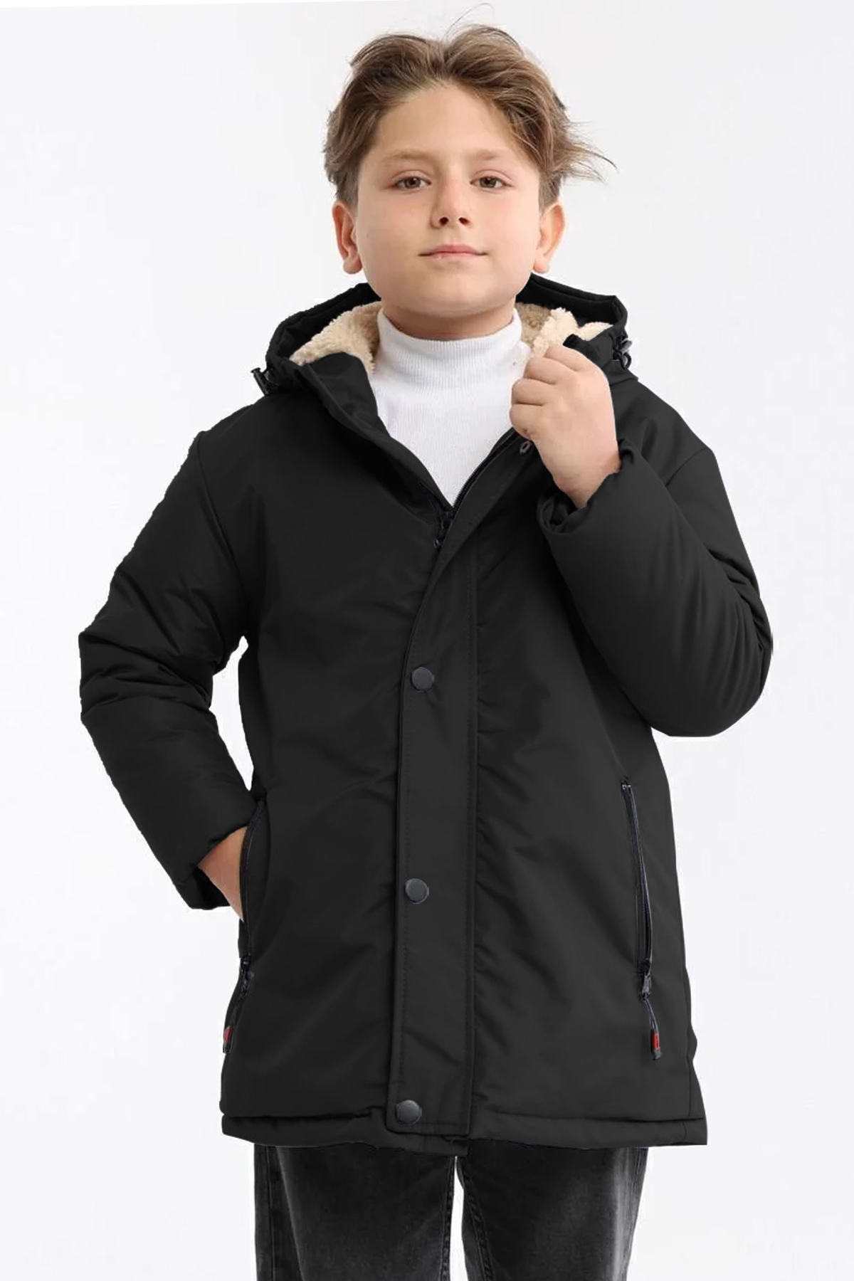 QAWWA Erkek Çocuk Kışlık Parka Mont Sıcak Tutan Dolgu İçi Kürklü Su İtici Rüzgar Geçirmez Kapüşonlu Parka fotoğrafı 3 (önizleme)