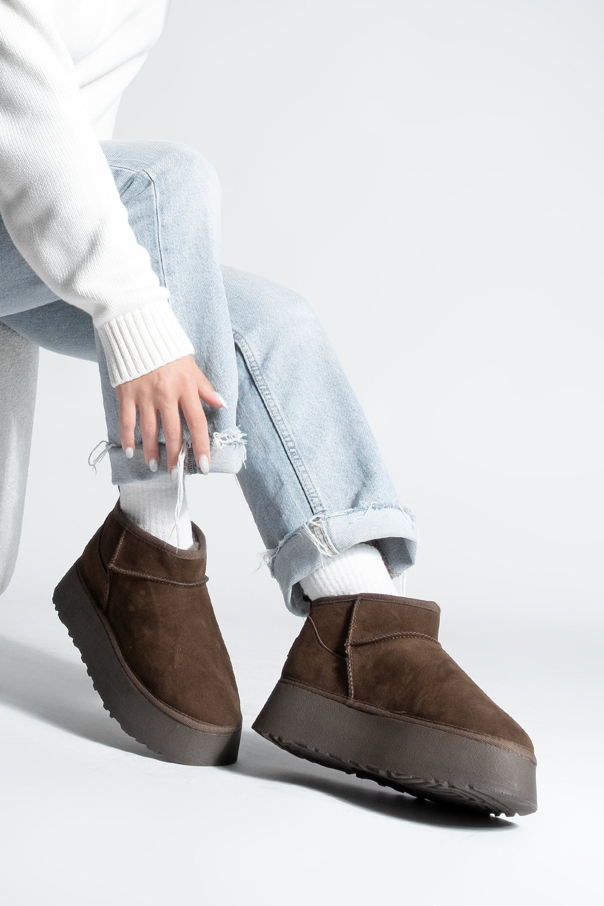 Marjin Дамски боти до глезена с дебела подметка Tefis, кафяв велур